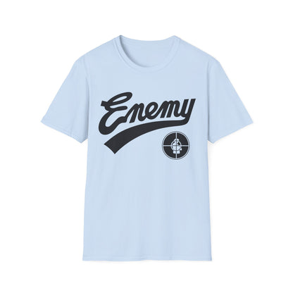 Light blue t-shirt with black "Enemy" text and a target logo.