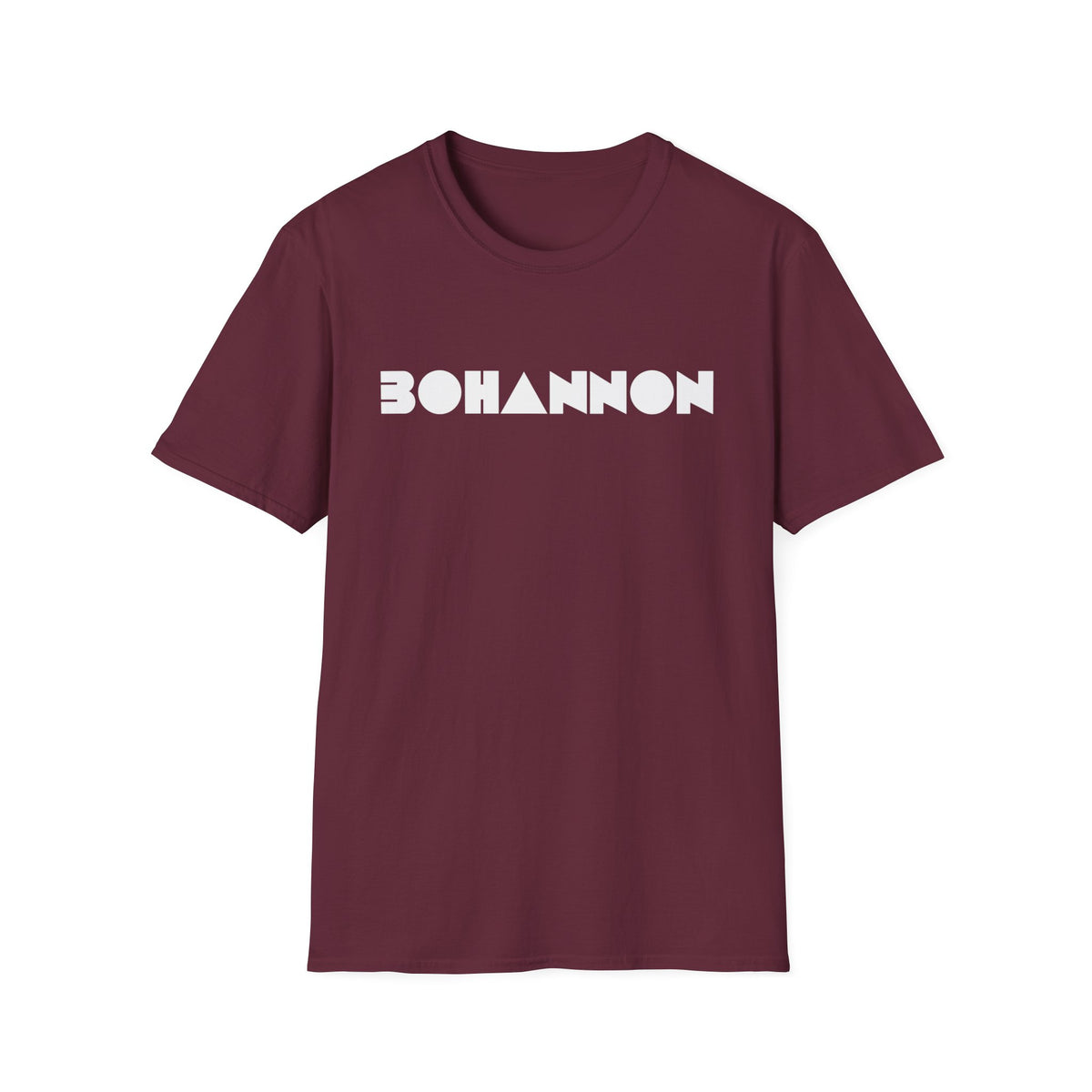 Maroon t-shirt with white "BOHANNON" text and graphic triangle.