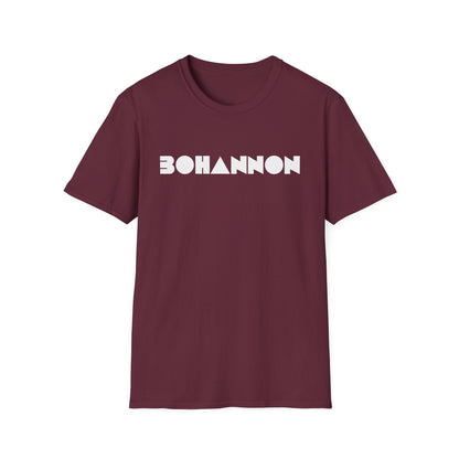 Maroon t-shirt with white "BOHANNON" text and graphic triangle.