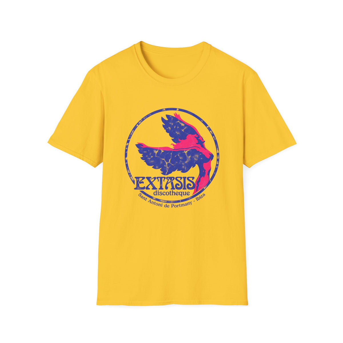 Yellow t-shirt with circular Extasis discotheque logo and Ibiza text.