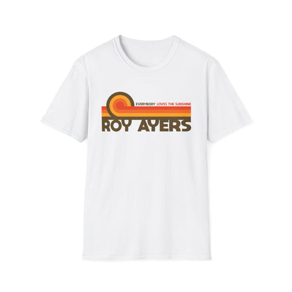 White t-shirt with retro graphic for Roy Ayers "Everybody Loves the Sunshine."
