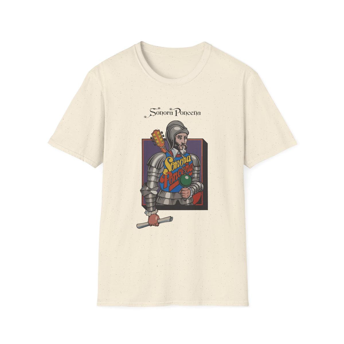 Cream t-shirt with a vintage illustration of a knight holding a guitar and scroll.