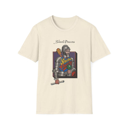 Cream t-shirt with a vintage illustration of a knight holding a guitar and scroll.