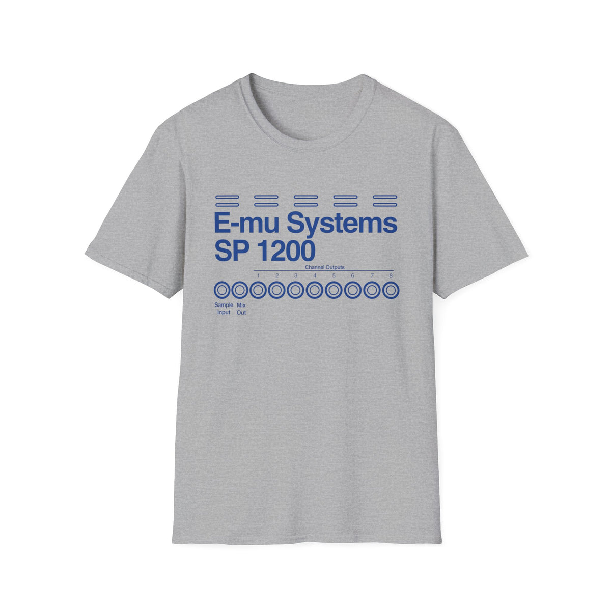 Grey t-shirt with blue E-mu Systems SP 1200 design.