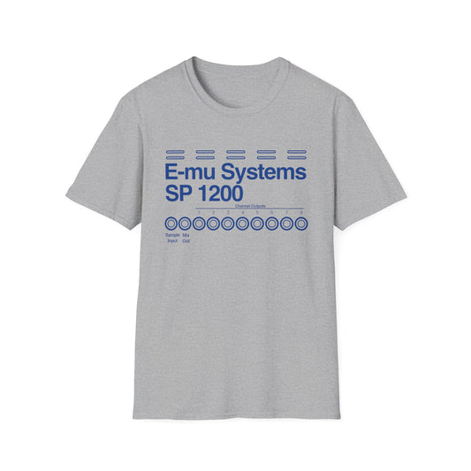 Grey t-shirt with blue E-mu Systems SP 1200 design.