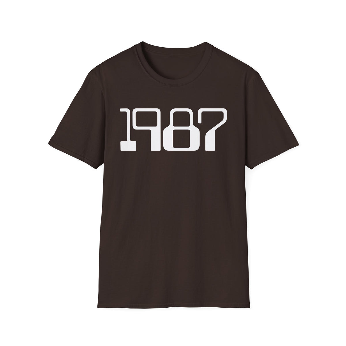 Brown t-shirt with white text "1987" across the chest.
