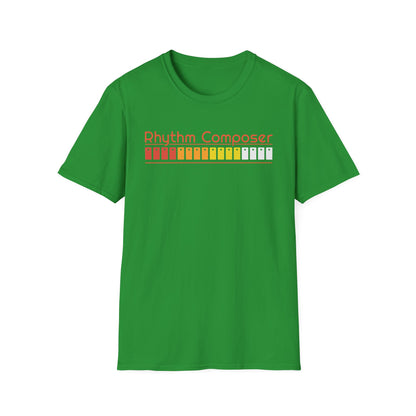 Green t-shirt with "Rhythm Composer" text and colorful buttons.