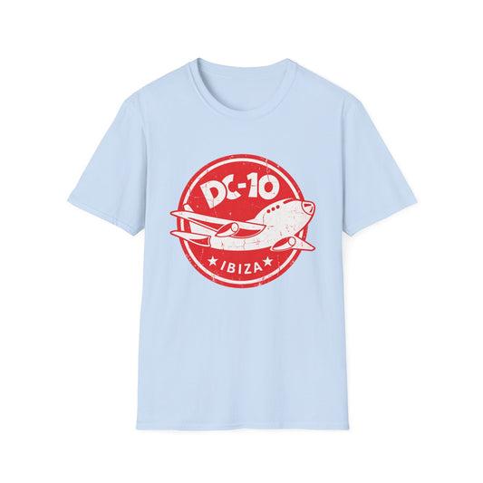 Light blue t-shirt with distressed red DC-10 Ibiza airplane graphic.