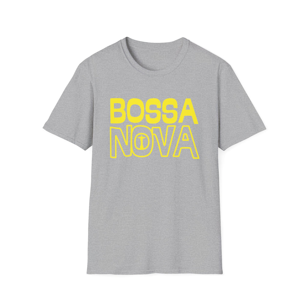 Grey t-shirt with yellow "BOSSA NOVA" text and symbol.