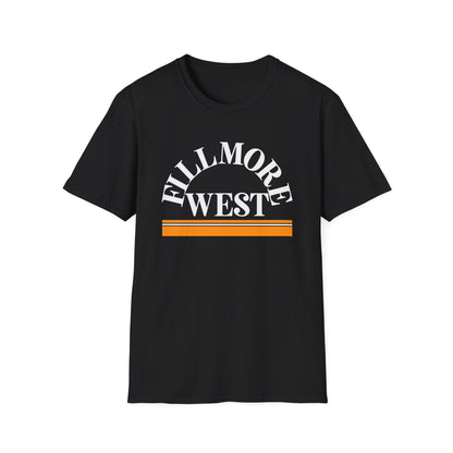 Black t-shirt with white "Fillmore West" text and orange stripes.