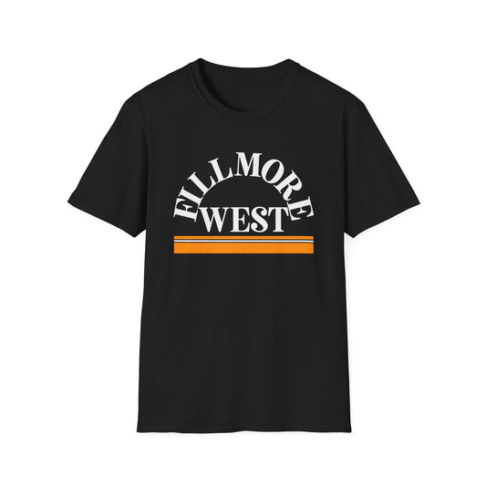 Black t-shirt with white "Fillmore West" text and orange stripes.