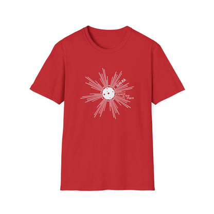 Red t-shirt with white Sun Ra "Space is the Place" graphic.