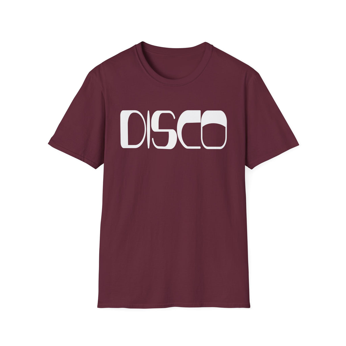 Maroon t-shirt with white "DISCO" text in a rounded retro font.