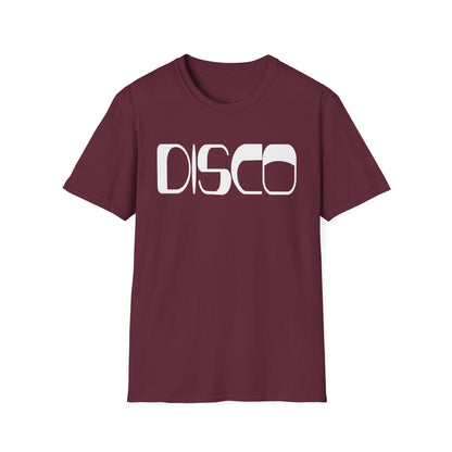 Maroon t-shirt with white "DISCO" text in a rounded retro font.