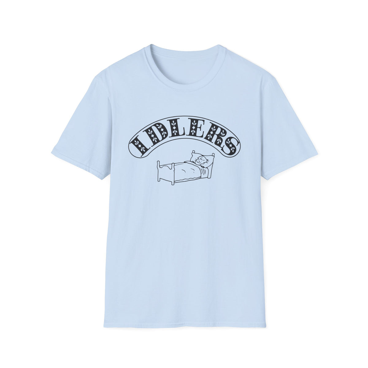 Light blue t-shirt with black graphic of a person in bed and the word "IDLERS" above.