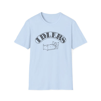 Light blue t-shirt with black graphic of a person in bed and the word "IDLERS" above.