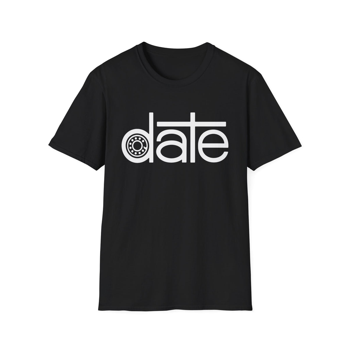 Black t-shirt with white text and a gear graphic spelling "date".