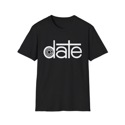 Black t-shirt with white text and a gear graphic spelling "date".