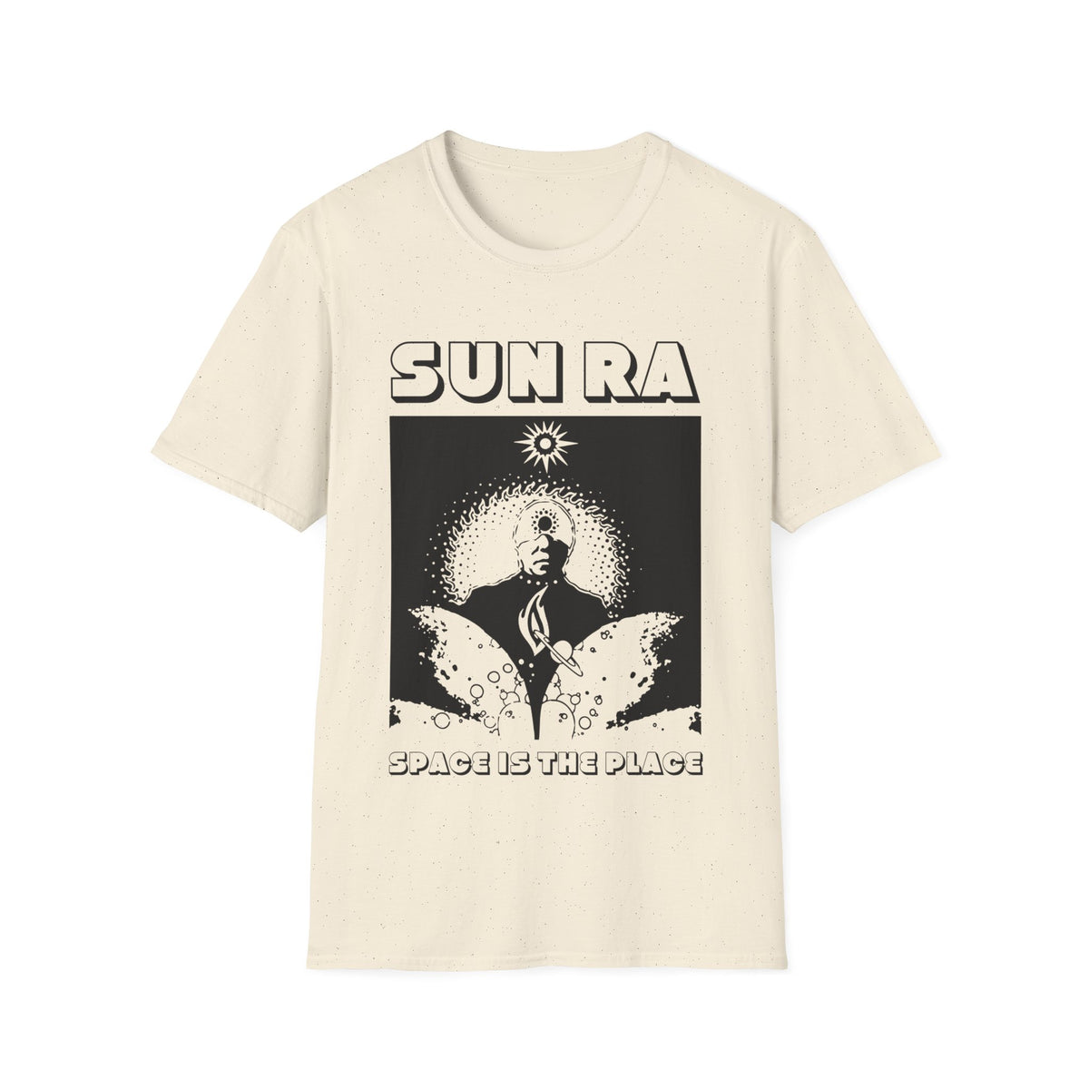 Cream t-shirt with black "SUN RA SPACE IS THE PLACE" graphic featuring a portrait.