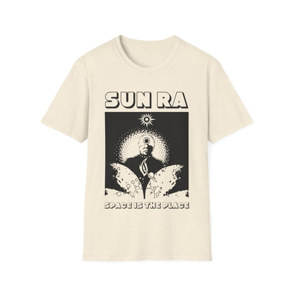 Cream t-shirt with black "SUN RA SPACE IS THE PLACE" graphic featuring a portrait.