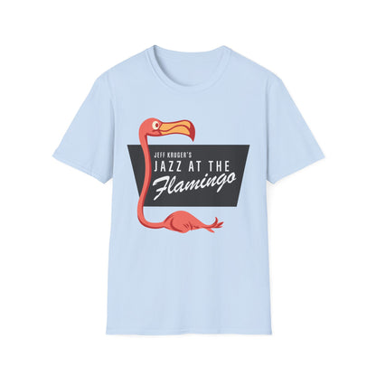 Light blue t-shirt with a cartoon flamingo and text "Jeff Kruger's Jazz at The Flamingo".