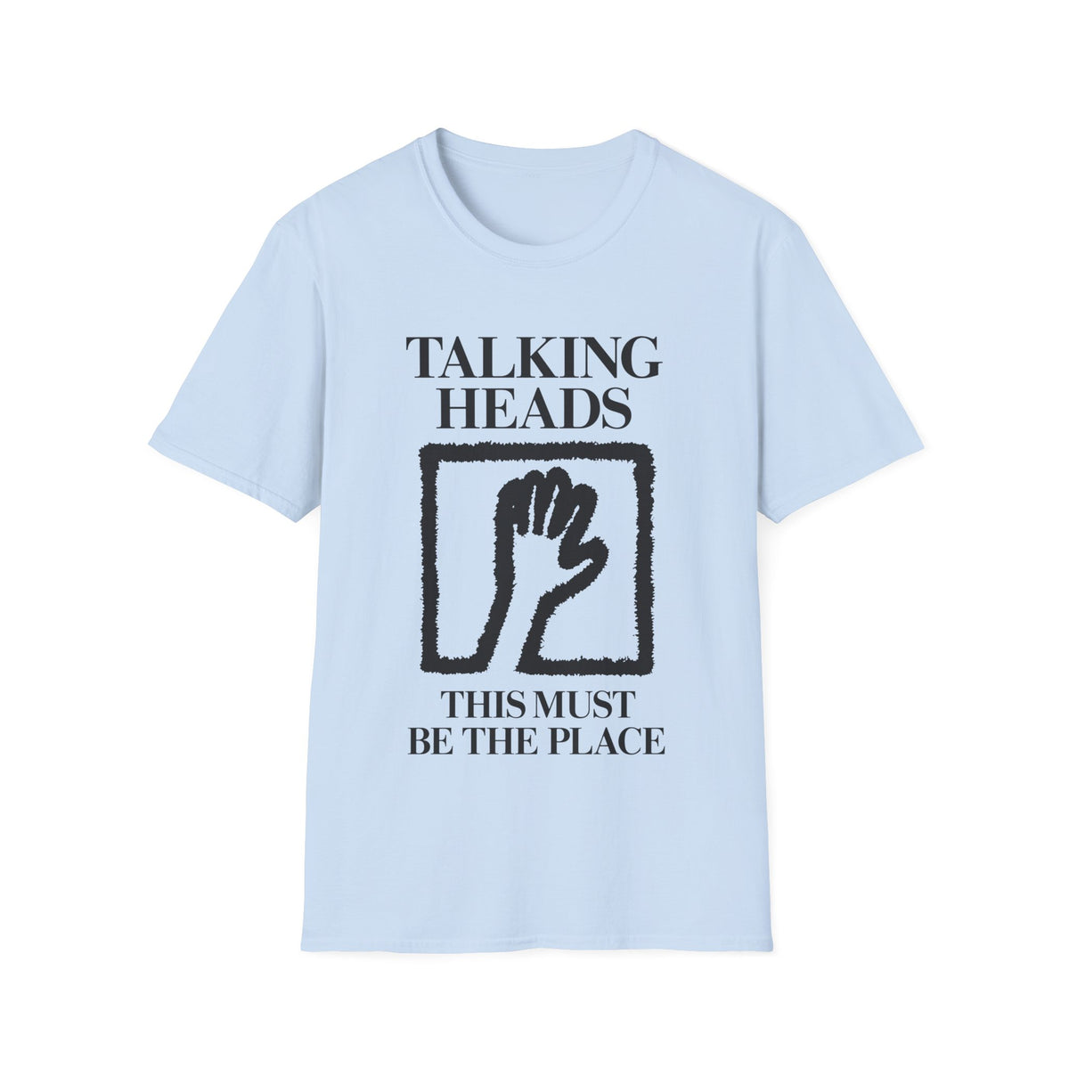 Light blue t-shirt with black text and a hand graphic.