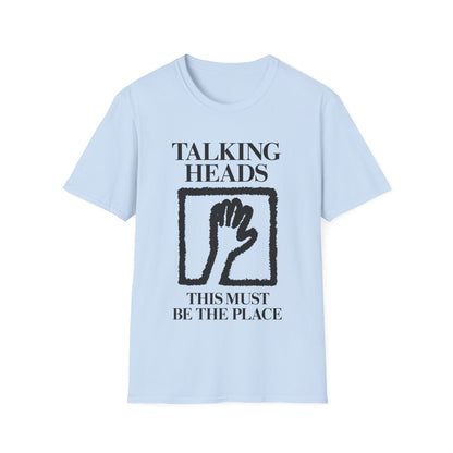 Light blue t-shirt with black text and a hand graphic.
