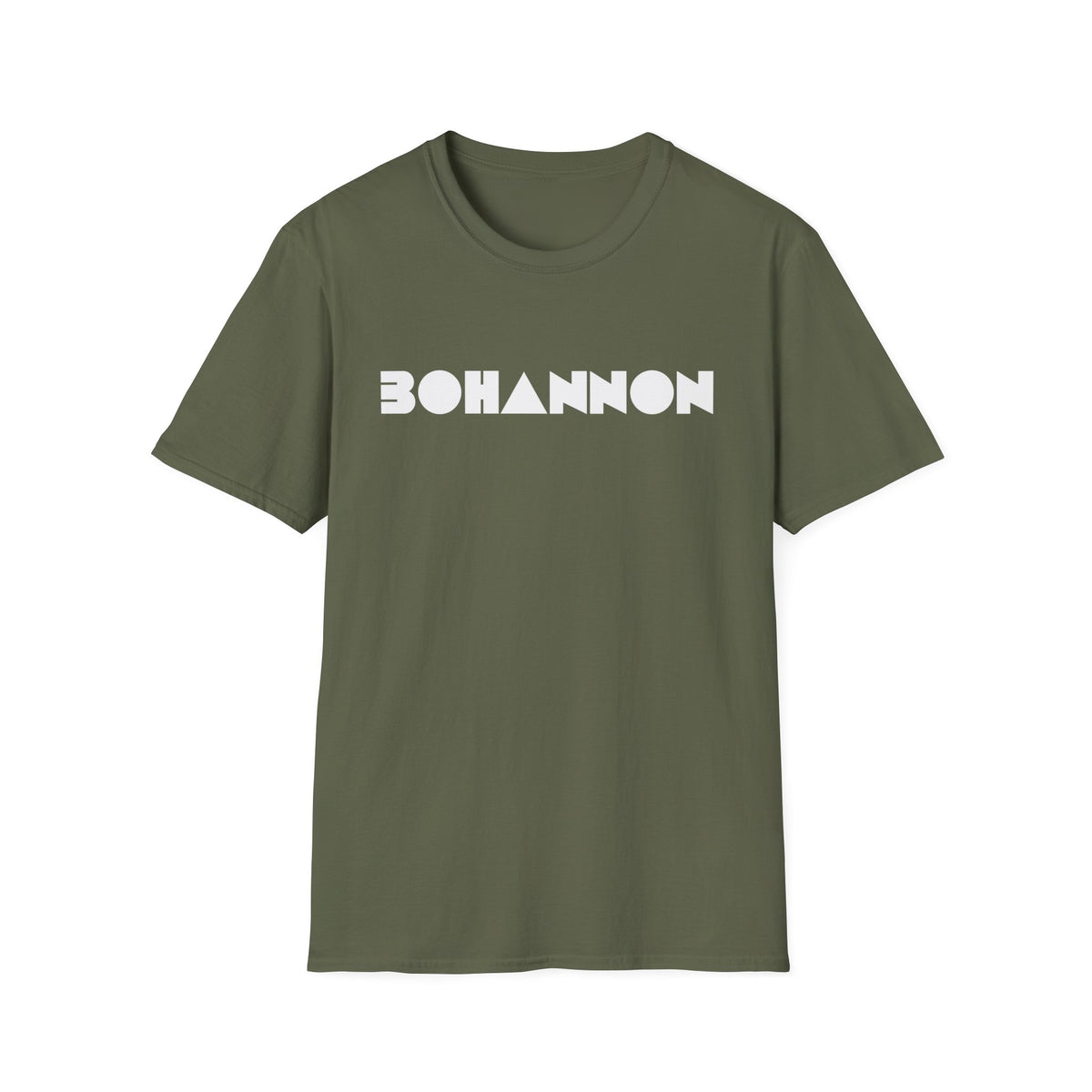 Olive green t-shirt with white BOHANNON text and geometric shapes.