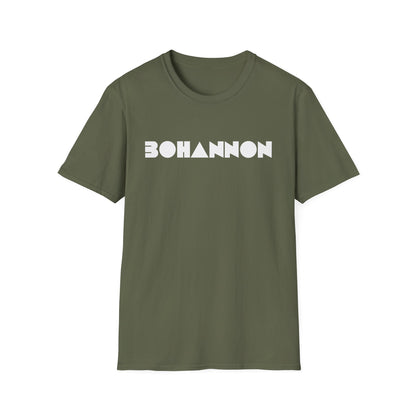 Olive green t-shirt with white BOHANNON text and geometric shapes.