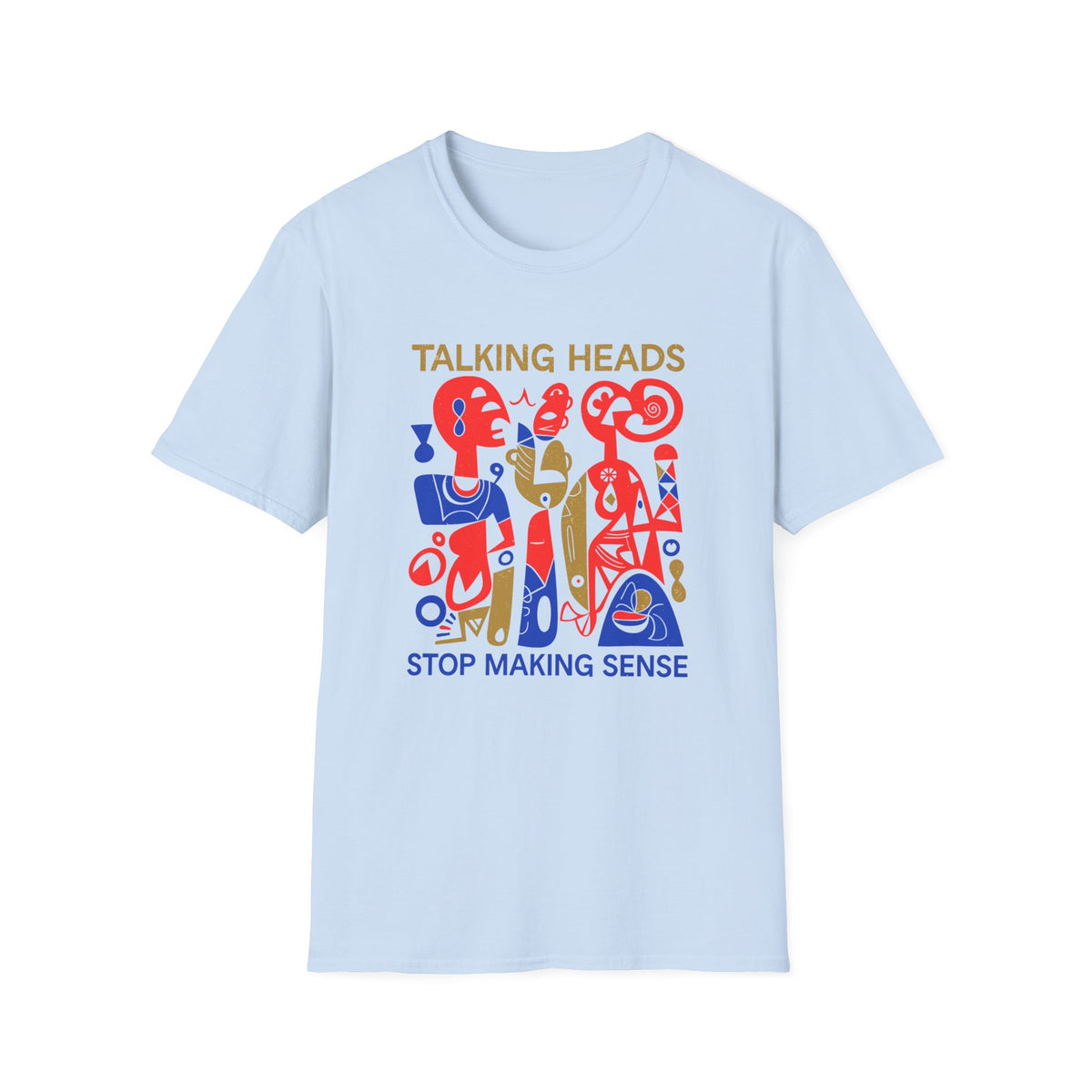 Light blue t-shirt with "TALKING HEADS STOP MAKING SENSE" and abstract art.