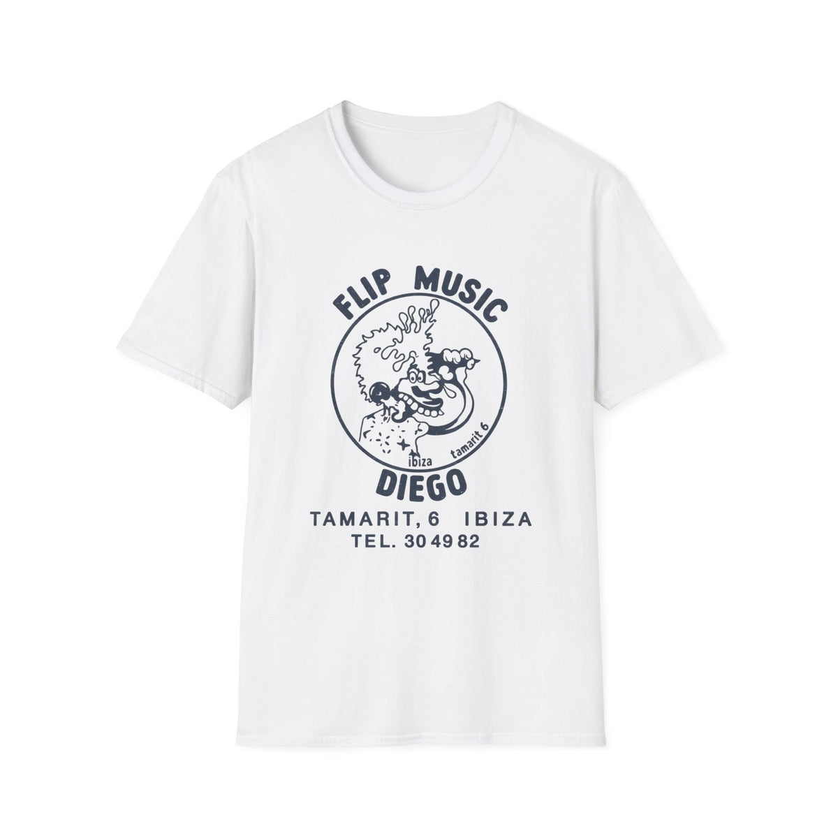 White t-shirt with "Flip Music Diego" graphic and Ibiza contact information.