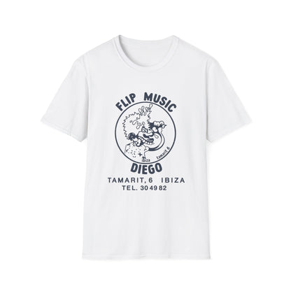 White t-shirt with "Flip Music Diego" graphic and Ibiza contact information.