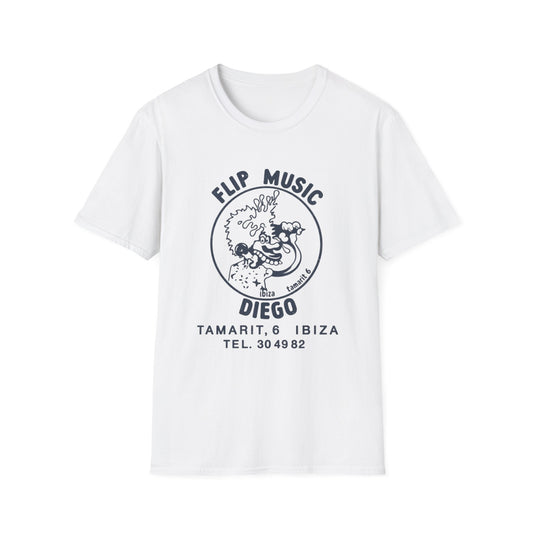 White t-shirt with "Flip Music Diego" graphic and Ibiza contact information.