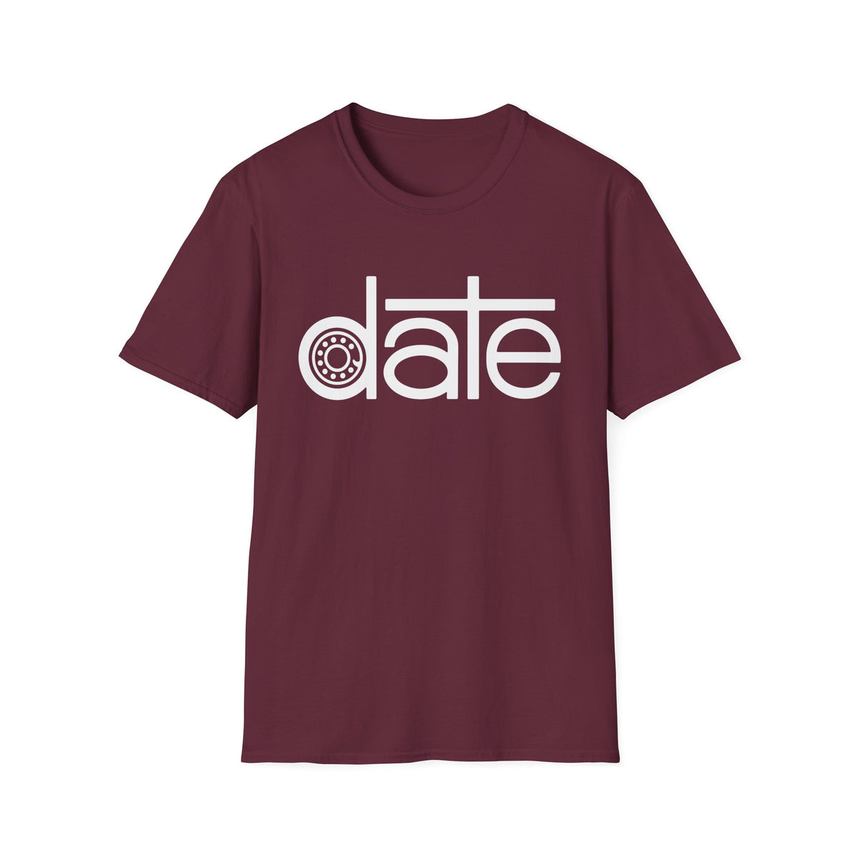 Maroon t-shirt with white text "date" where the 'a' is a wheel.