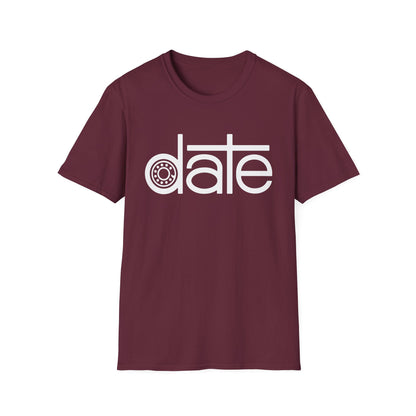 Maroon t-shirt with white text "date" where the 'a' is a wheel.