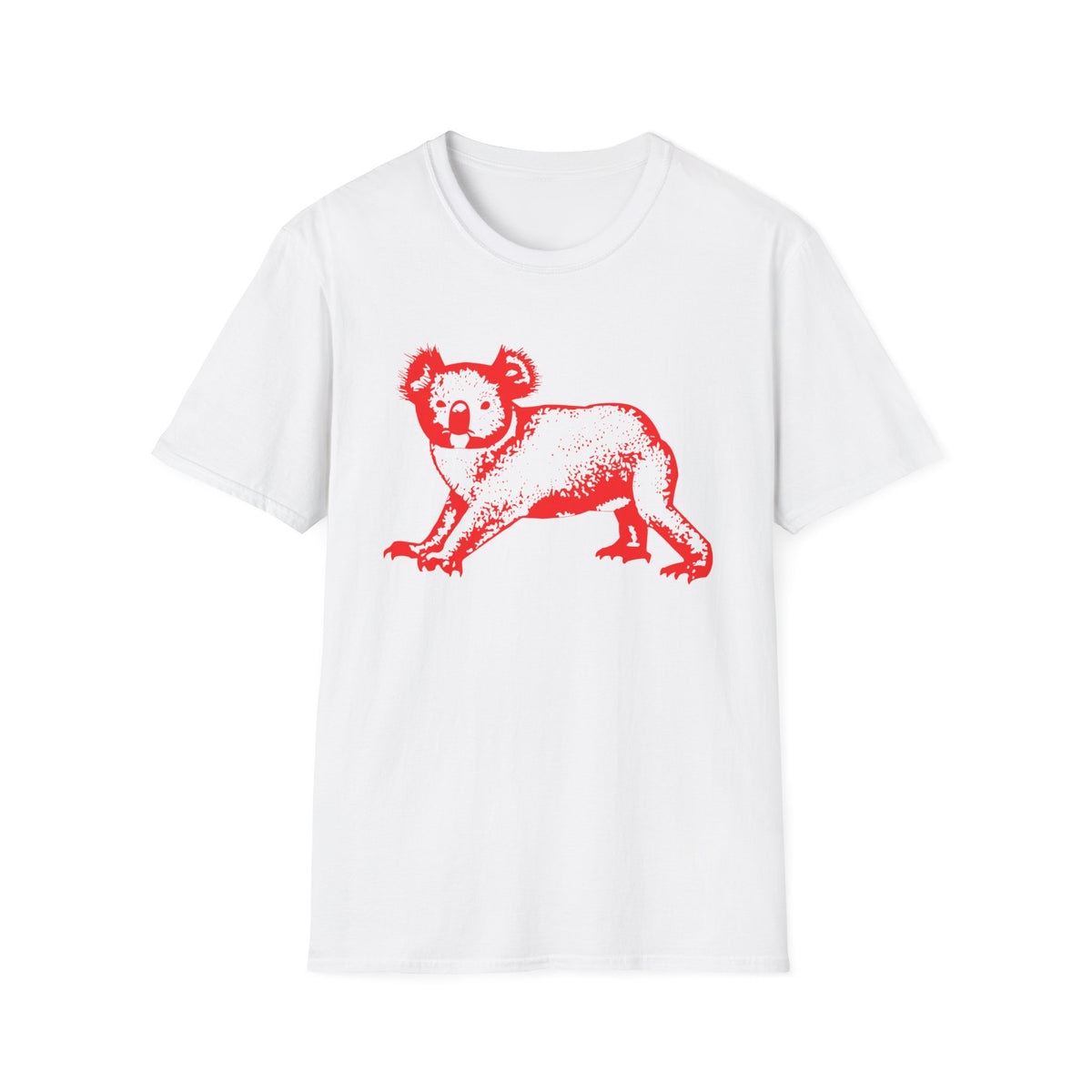 White t-shirt with a red graphic print of a koala.