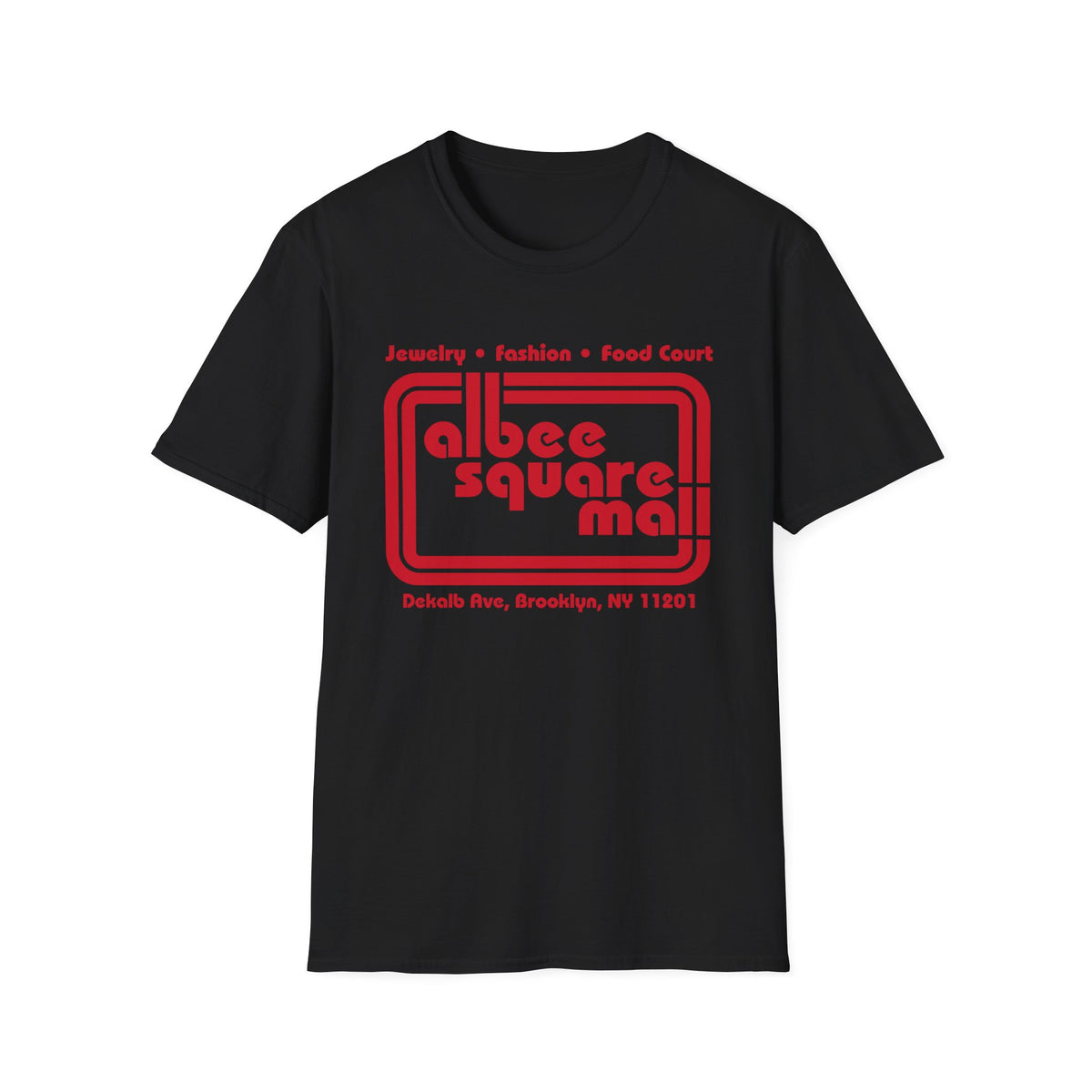 Black t-shirt with red "Albee Square Mall" text and address.
