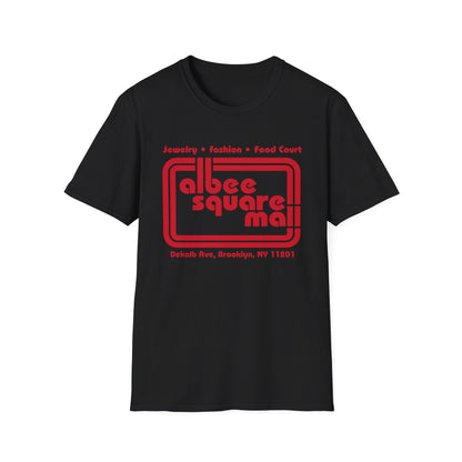 Black t-shirt with red "Albee Square Mall" text and address.