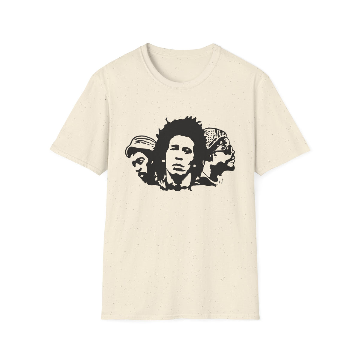 Cream t-shirt with a black stencil print of Bob Marley and two other men.