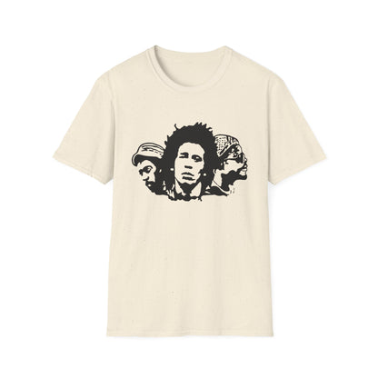 Cream t-shirt with a black stencil print of Bob Marley and two other men.