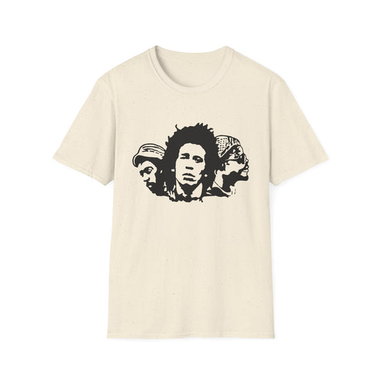 Cream t-shirt with a black stencil print of Bob Marley and two other men.