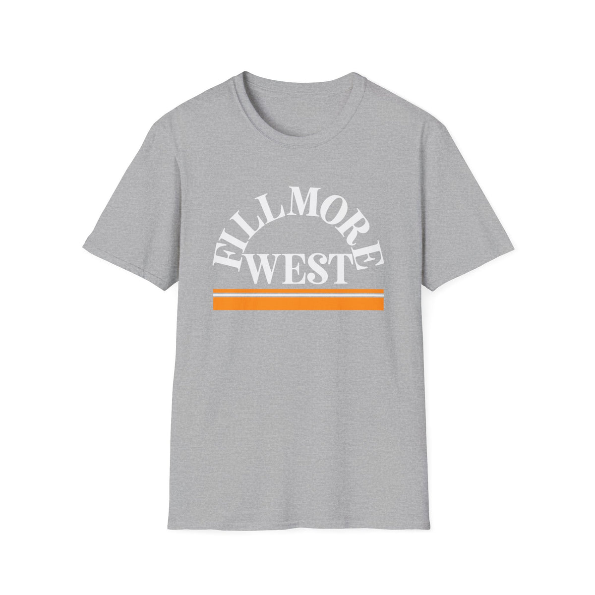 Grey t-shirt with white "Fillmore West" text and orange stripes.