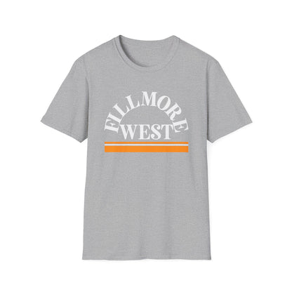 Grey t-shirt with white "Fillmore West" text and orange stripes.