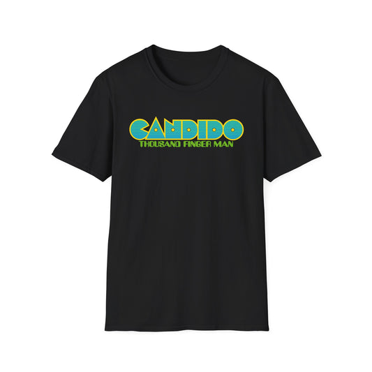 Black t-shirt with "CANDIDO THOUSAND FINGER MAN" text in stylized yellow and blue.