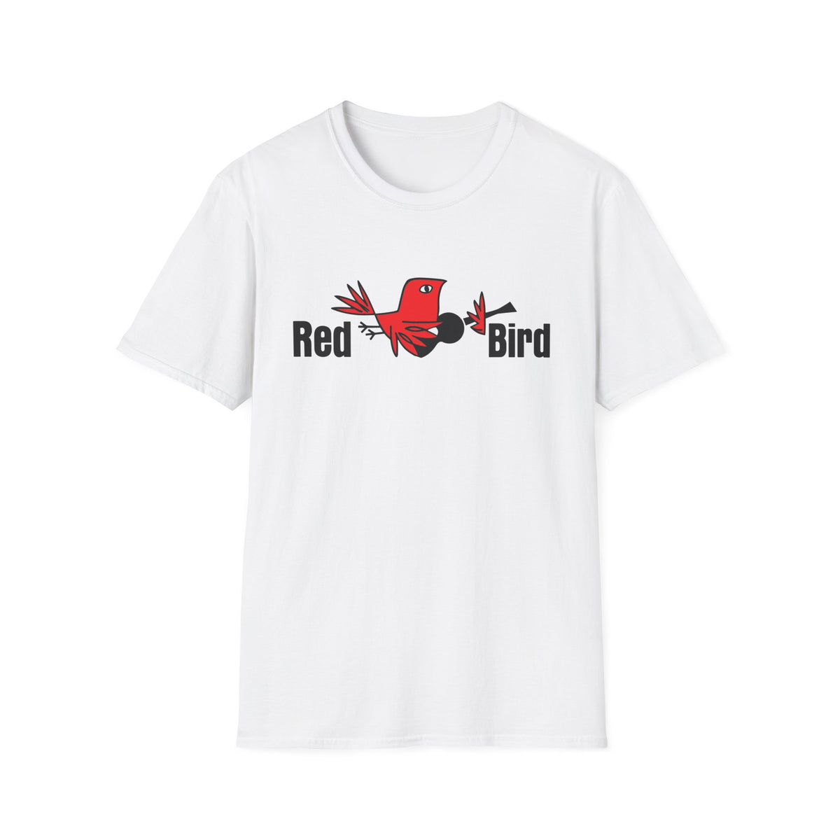 White t-shirt with black text "Red" and "Bird" flanking a red bird graphic.