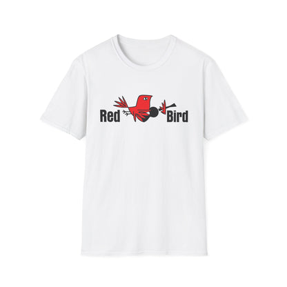 White t-shirt with black text "Red" and "Bird" flanking a red bird graphic.
