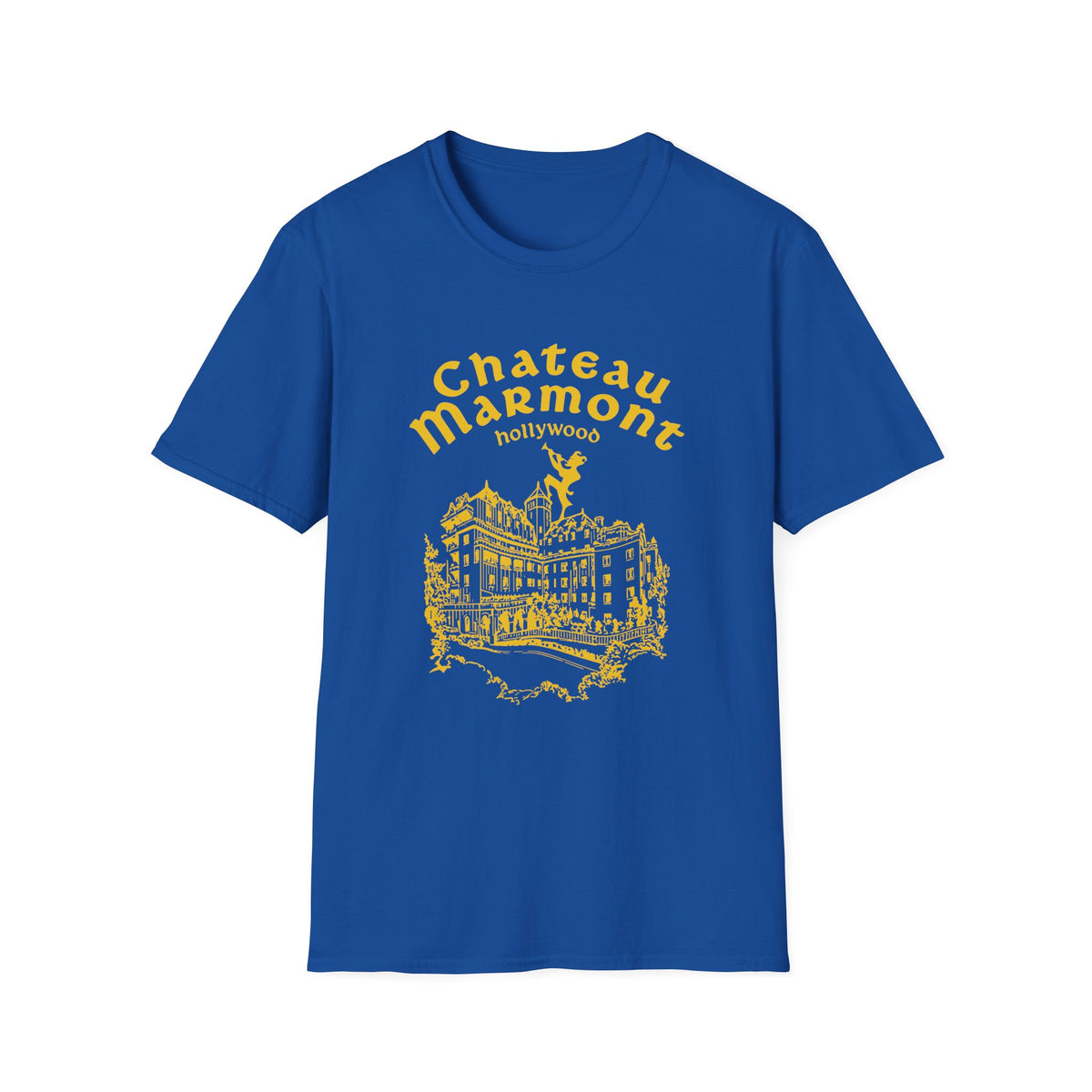 Blue t-shirt with yellow Chateau Marmont Hollywood graphic and building illustration.
