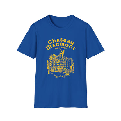 Blue t-shirt with yellow Chateau Marmont Hollywood graphic and building illustration.