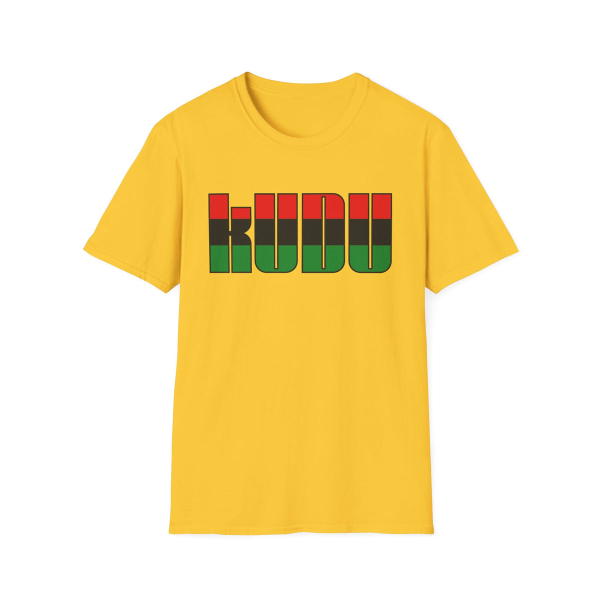 Yellow t-shirt with red, black, and green "KUDU" text.