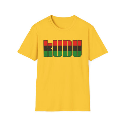 Yellow t-shirt with red, black, and green "KUDU" text.